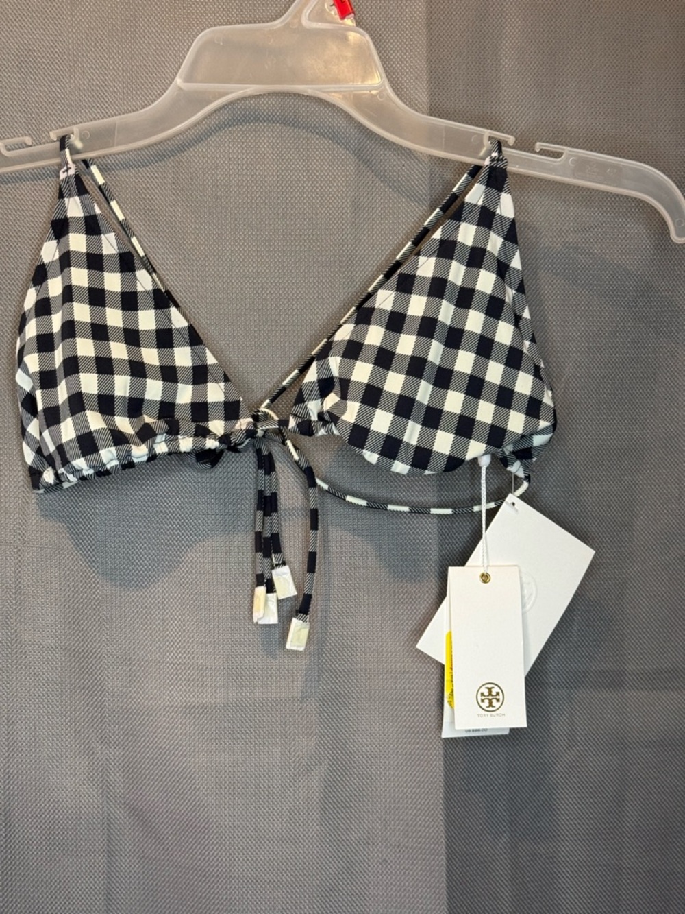 Tory Burch Gingham Triangle Bikini Top Black White Plaid Tie String NWT Size L